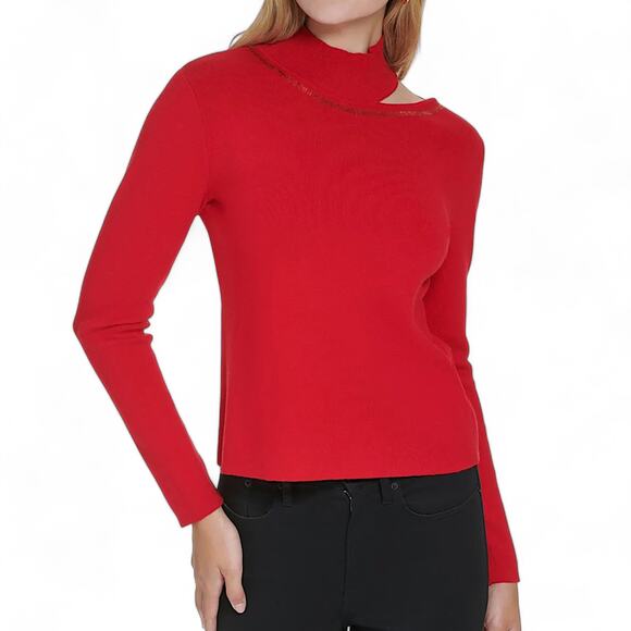 Calvin Klein Sequin Trim Cutout Sweater in Rouge Red Long Sleeve Pullover Size M - Picture 2 of 11
